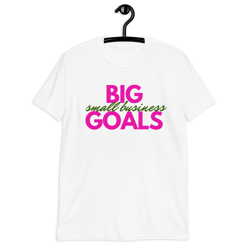 Small Business White Short-Sleeve Unisex T-Shirt| Pink + Green Words